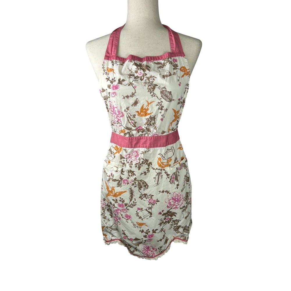 Floral Bird Print Apron Womens OS‎ White Pink Tea Party Cottagecore
